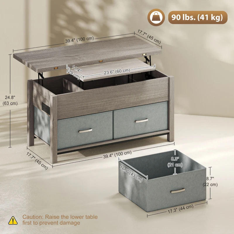 HOMCOM Lift Top Coffee Table, Center Table with 3 Hidden Compartments, 2 Fabric Drawers, Expandable Top and Charging Station