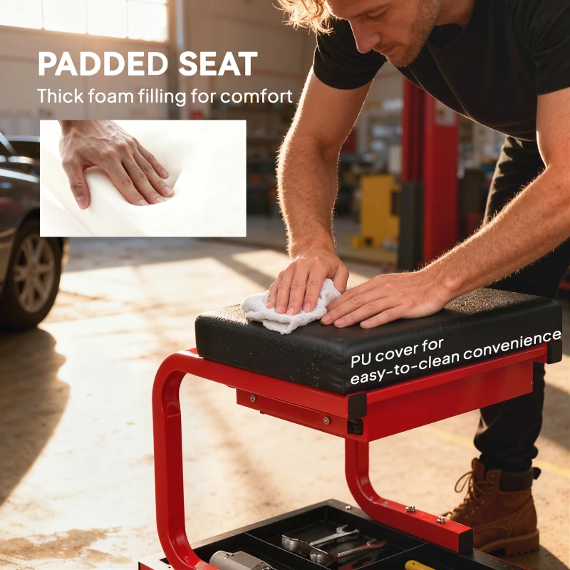 HOMCOM Rolling Garage Stool, 300 LBS Capacity Mechanic Stool with, Tool Trays Storage, Drawer, Black