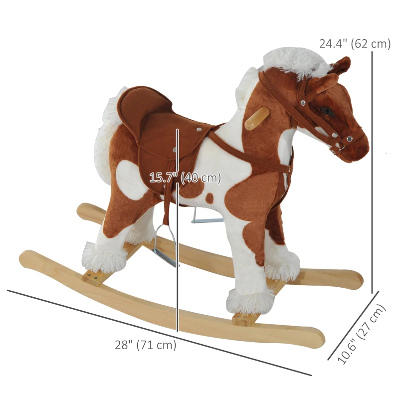 Qaba Kids Rocking Horse Plush Animal on Wooden Rockers with Sounds, Wooden Base, Baby Rocking Chair, Brown and White