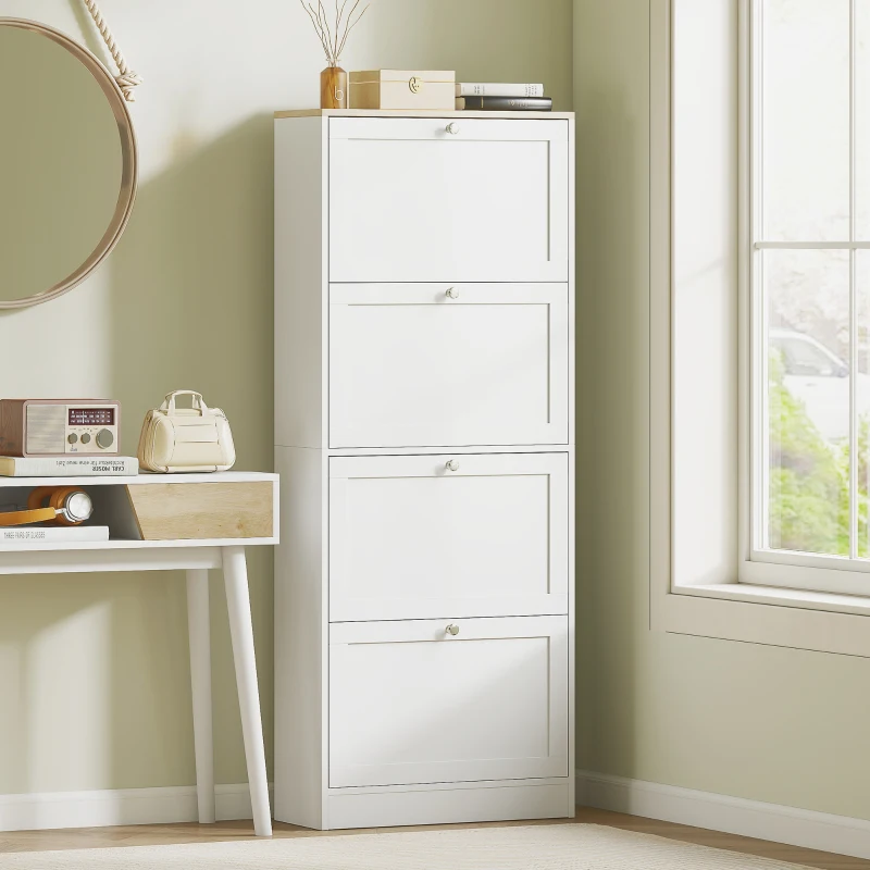 HOMCOM Modern Shoe Storage Cabinet with 4 Flip Drawers and Adjustable Shelves, Shoe Cabinet for 18-24 Pairs of Shoes, White