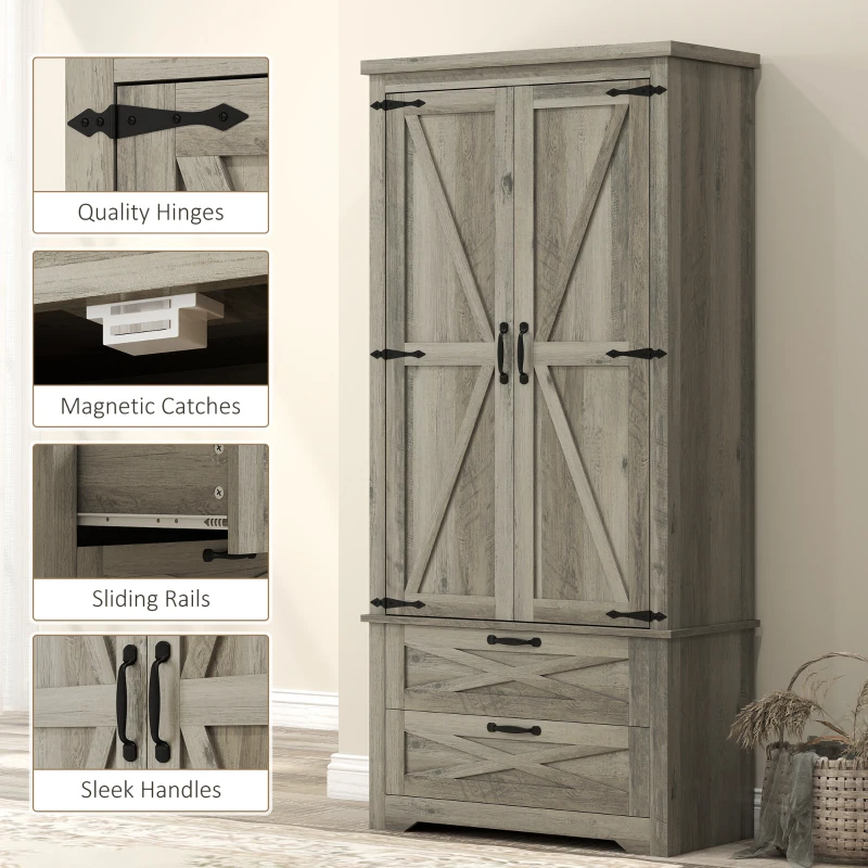 HOMCOM Farmhouse Kitchen Pantry Storage Cabinet, 64" Freestanding Kitchen Pantry Cabinet with Drawers, Distressed Grey