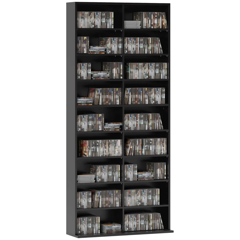 HOMCOM 9-Tier DVD Shelf with 18 Compartments and 14 Adjustable Shelves, Holds 640 CDs, 360 DVDs or 430 Blu-rays, Black