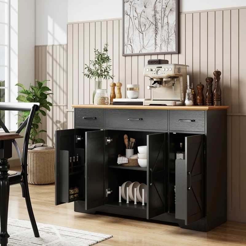 HOMCOM 47" Buffet Cabinet with Soft-Close Hinges, Farmhouse Sideboard with 3 Drawers, Adjustable Shelves and Spice Racks, Black