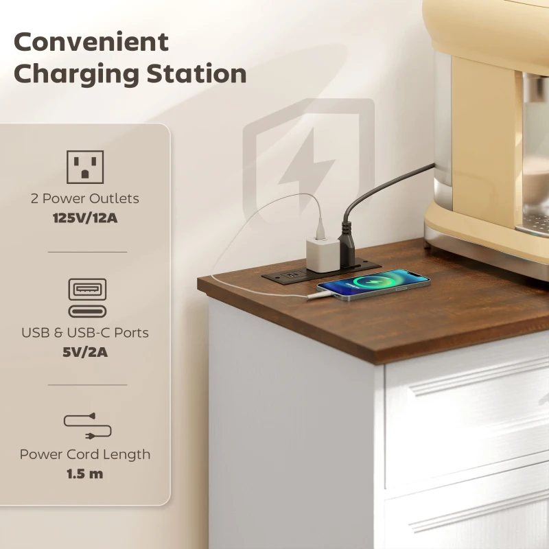 HOMCOM Buffet Cabinet, 55" Farmhouse Sideboard with Charging Station, 2 Drawers and 2 Adjustable Shelves, White Wood Grain