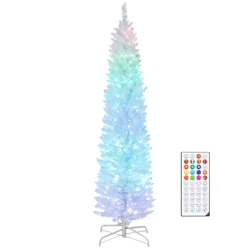 HOMCOM 6ft Christmas Tree with Colourful DIY Synchronized LEDs, Hinged Pencil Xmas Tree with Remote, Daily Timer, White