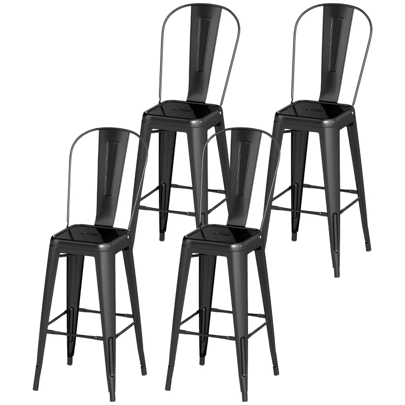 HOMCOM 24" Set of 4 Bar Stools Kitchen Industrial Breakfast Bistro Cafe Metal Frame Black