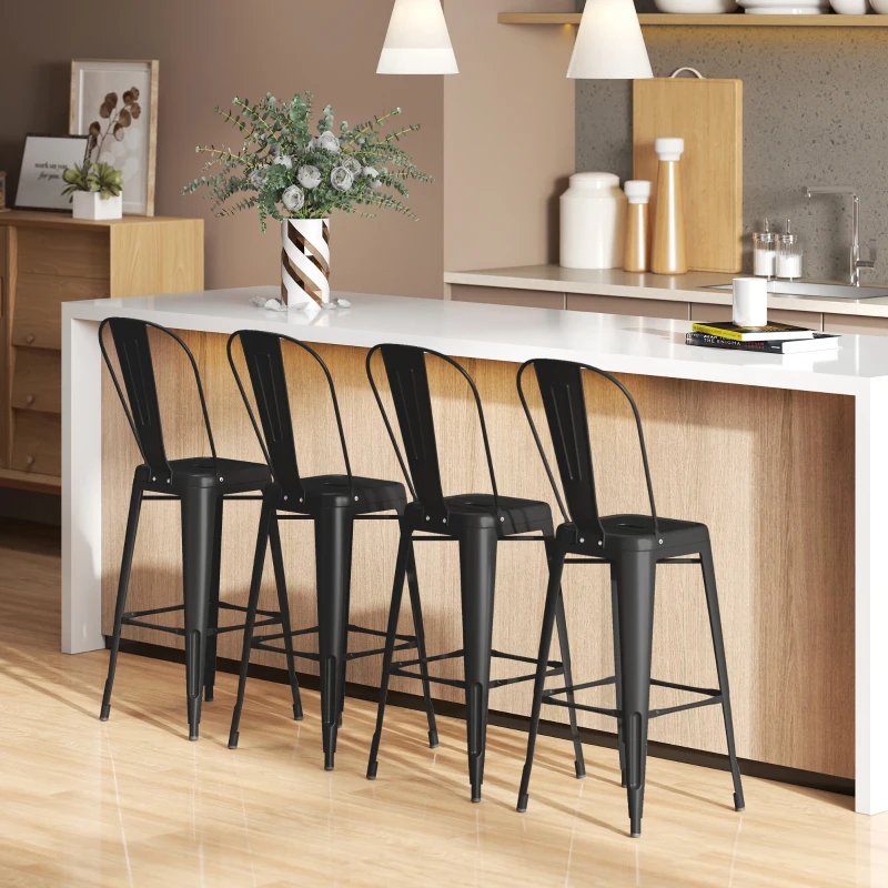 HOMCOM 24" Set of 4 Bar Stools Kitchen Industrial Breakfast Bistro Cafe Metal Frame Black