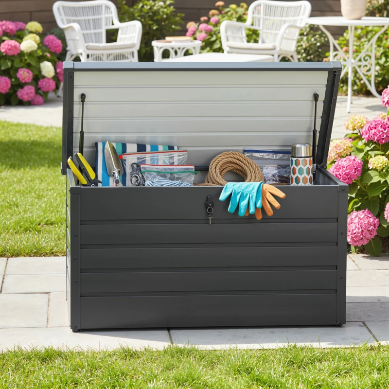Outsunny Large Deck Box, Outdoor Storage Container with Lock for Pool Toys, Garden Tools, Furniture and Sports Equipment, Grey
