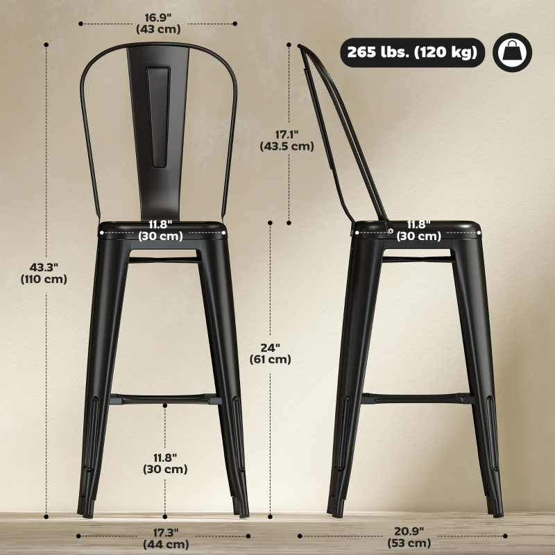 HOMCOM 24" Set of 4 Bar Stools Kitchen Industrial Breakfast Bistro Cafe Metal Frame Black