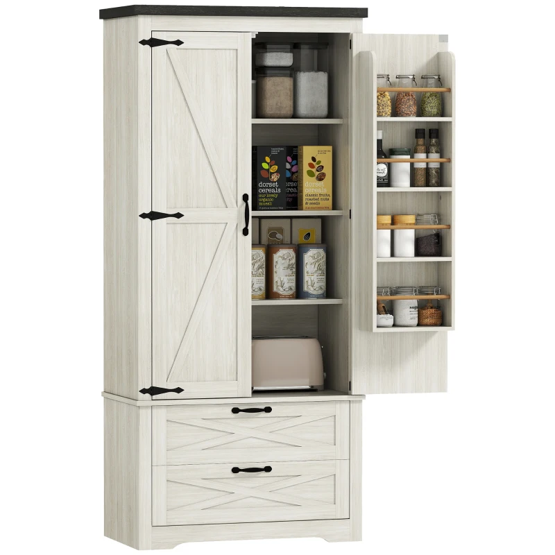 HOMCOM Farmhouse Kitchen Pantry Storage Cabinet, 64" Freestanding Kitchen Pantry Cabinet with Drawers, Distressed White