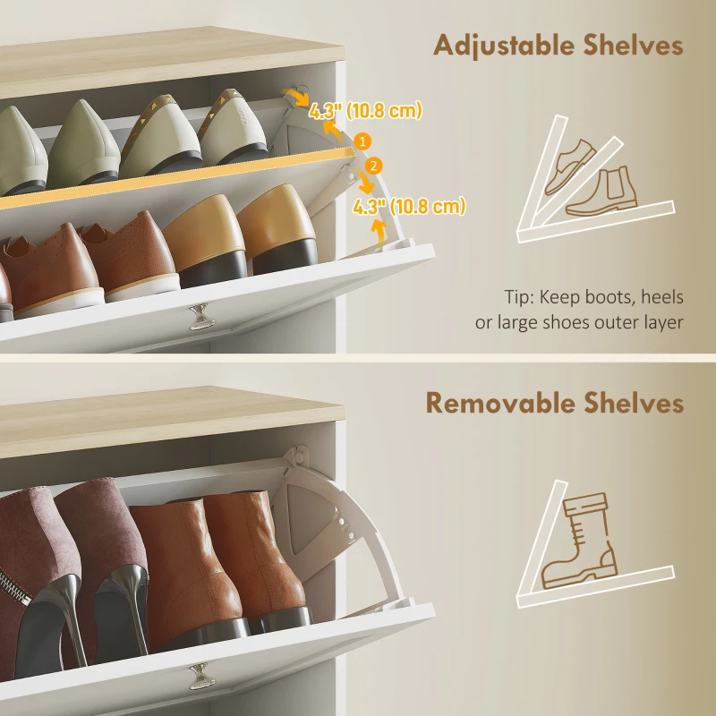 HOMCOM Modern Shoe Storage Cabinet with 4 Flip Drawers and Adjustable Shelves, Shoe Cabinet for 18-24 Pairs of Shoes, White