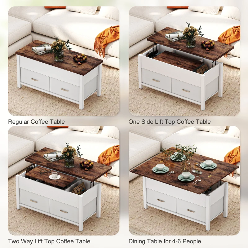 HOMCOM Lift Top Coffee Table, Center Table with 3 Hidden Compartments, 2 Fabric Drawers, Expandable Top and Charging Station