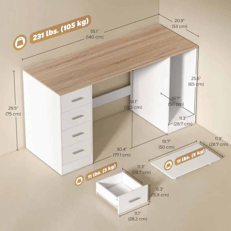 HOMCOM Office Desk, 55" Computer Desk with 4 Reversible Drawers, Mobile PC Stand, Adjustable Shelf, White Wood Grain