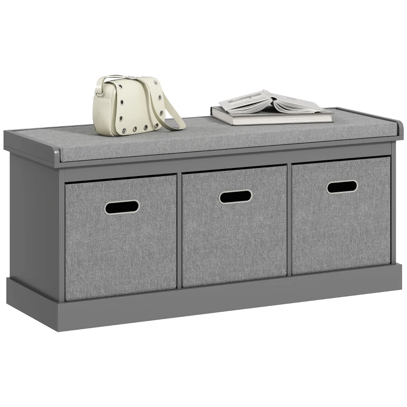 HOMCOM Shoe Storage Bench with Seat, Entryway Bench Seat with Cushion, 3 Fabric Drawers for Hallway, Dark Grey