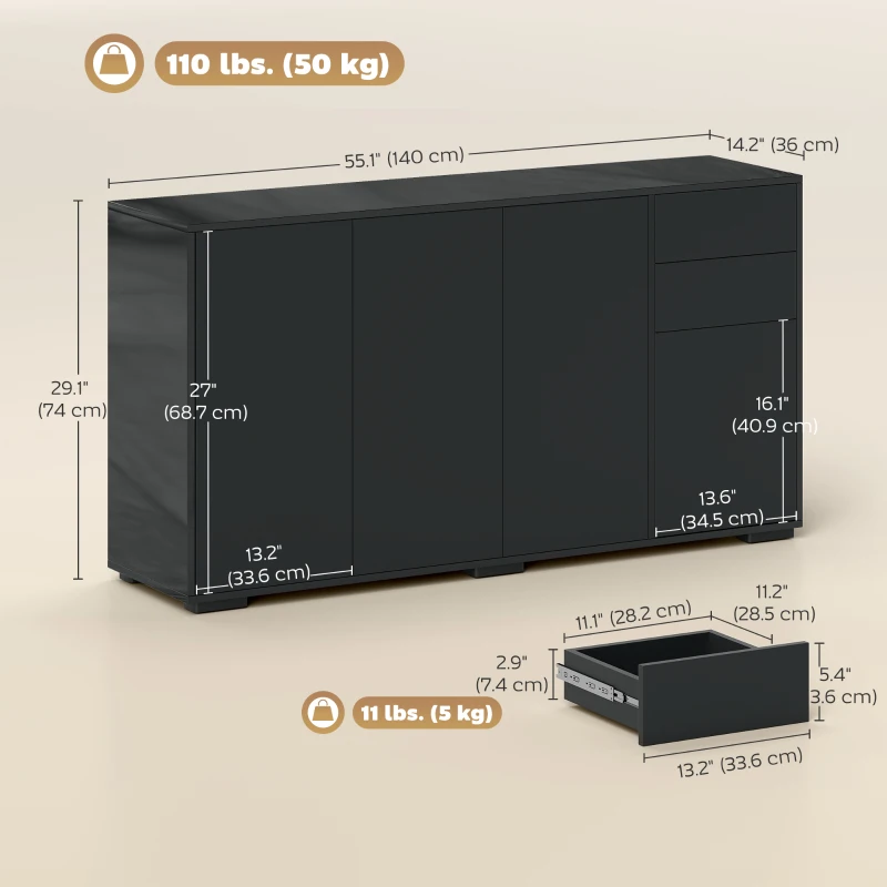 HOMCOM Kitchen Sideboard Storage Cabinet, Modern Coffee Bar Cabinet with Push-Open Design and 2 Drawers for Living Room, Black