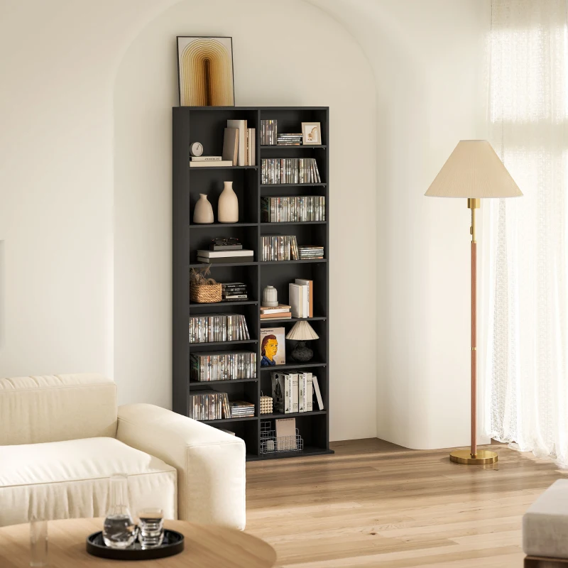 HOMCOM 9-Tier DVD Shelf with 18 Compartments and 14 Adjustable Shelves, Holds 640 CDs, 360 DVDs or 430 Blu-rays, Black