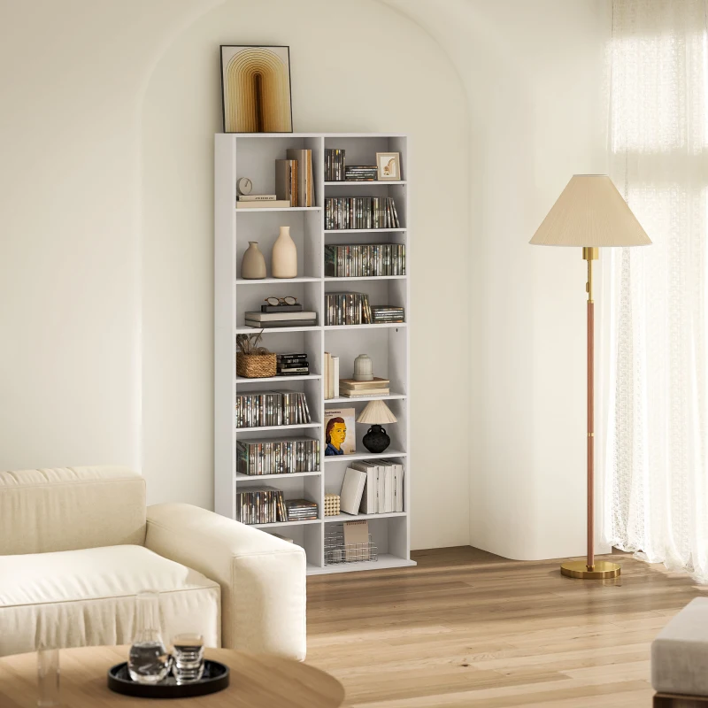 HOMCOM 9-Tier DVD Shelf with 18 Compartments and 14 Adjustable Shelves, Holds 640 CDs, 360 DVDs or 430 Blu-rays, White