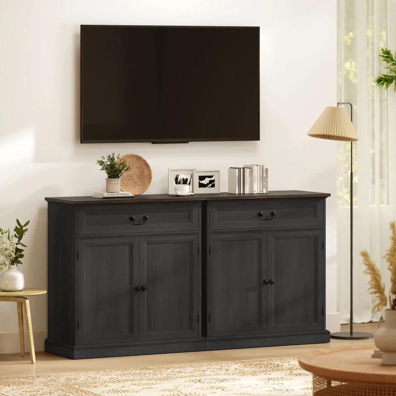 HOMCOM Buffet Cabinet, 32" Farmhouse Sideboard with Thick Top, Quiet Drawer and Adjustable Shelf, Black Wood Grain