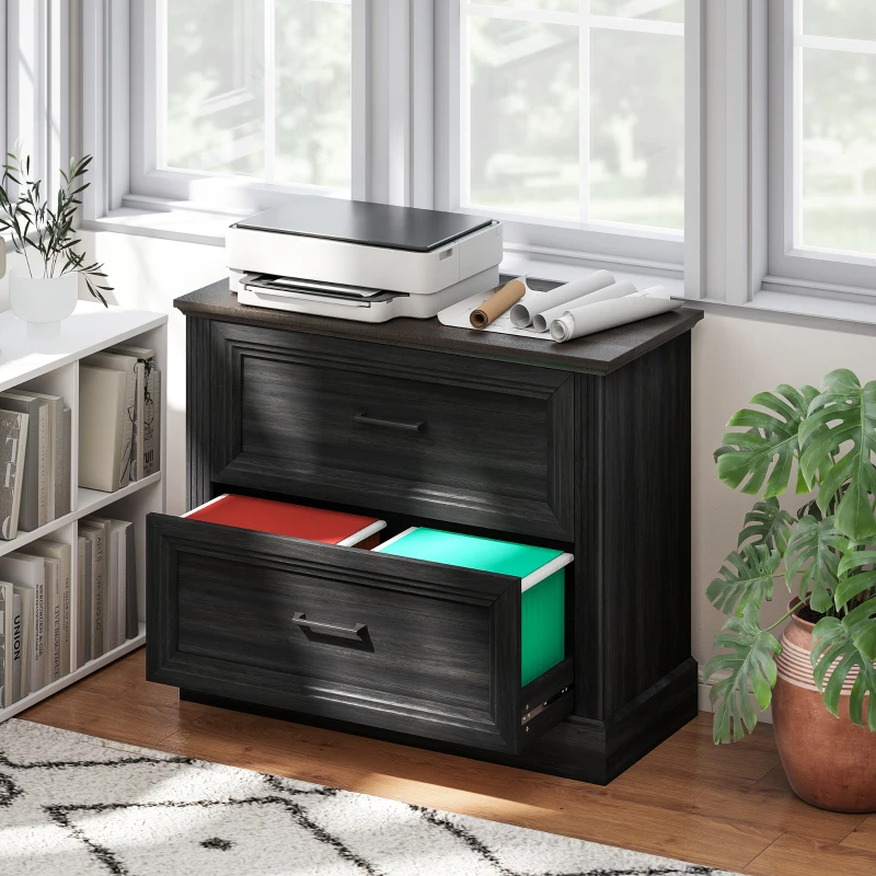 HOMCOM Lateral Filing Cabinet, Farmhouse File Cabinet with 2 Silent Drawers for Letter/A4/Legal Size Files, Black