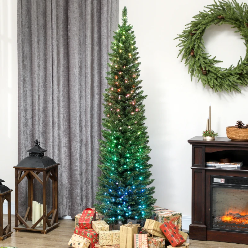 HOMCOM 6ft Christmas Tree with Colourful DIY Synchronized LEDs, Hinged Pencil Xmas Tree with Remote, Daily Timer, Green