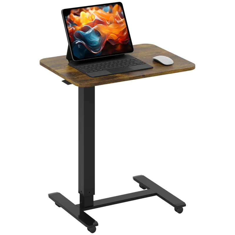 HOMCOM Pneumatic Standing Desk Adjustable Height, Mobile Stand Up Desk with Wheels, 43 Inch Rolling Table, Rustic Brown