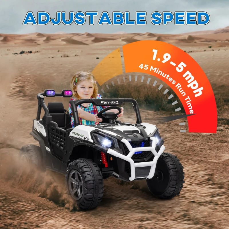 Qaba 2 Seater 24V Kids Electric Car w/ Remote Control, 3 Speed, LED Lights, Music, Horn, Spring Suspension, Slow Start, White