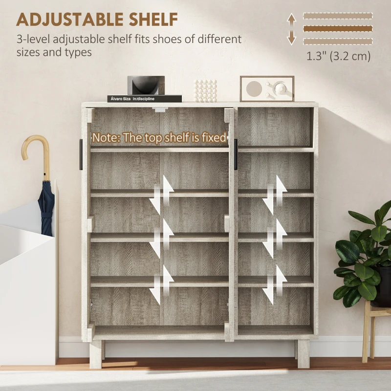 HOMCOM Shoe Storage with Double Doors and Open Shelves 17 Pair Shoe Storage Organizer for Entryway Hallway Light Grey