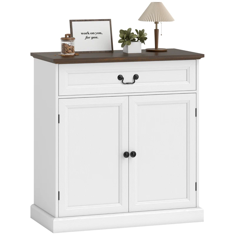HOMCOM Buffet Cabinet, 32" Farmhouse Sideboard with Thick Top, Quiet Drawer and Adjustable Shelf, White Wood Grain