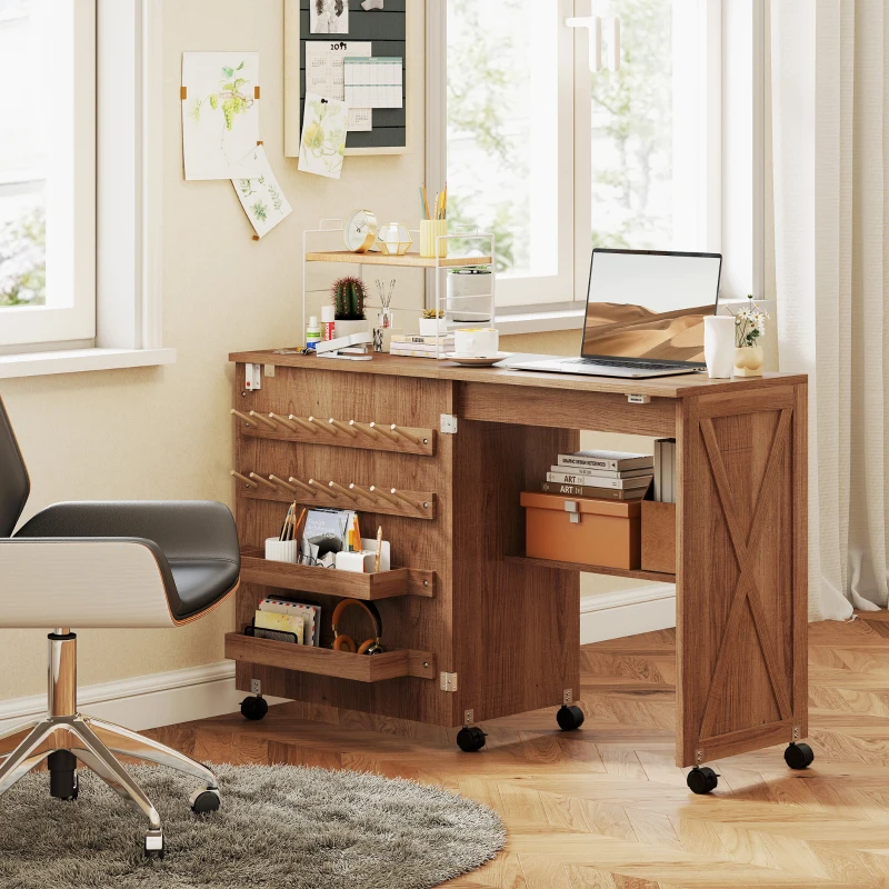 HOMCOM Sewing Machine Table on Wheels, Folding Craft Table with 2 Bins, Storage Shelf, 18 Pegs, Lockable Wheels, Brown