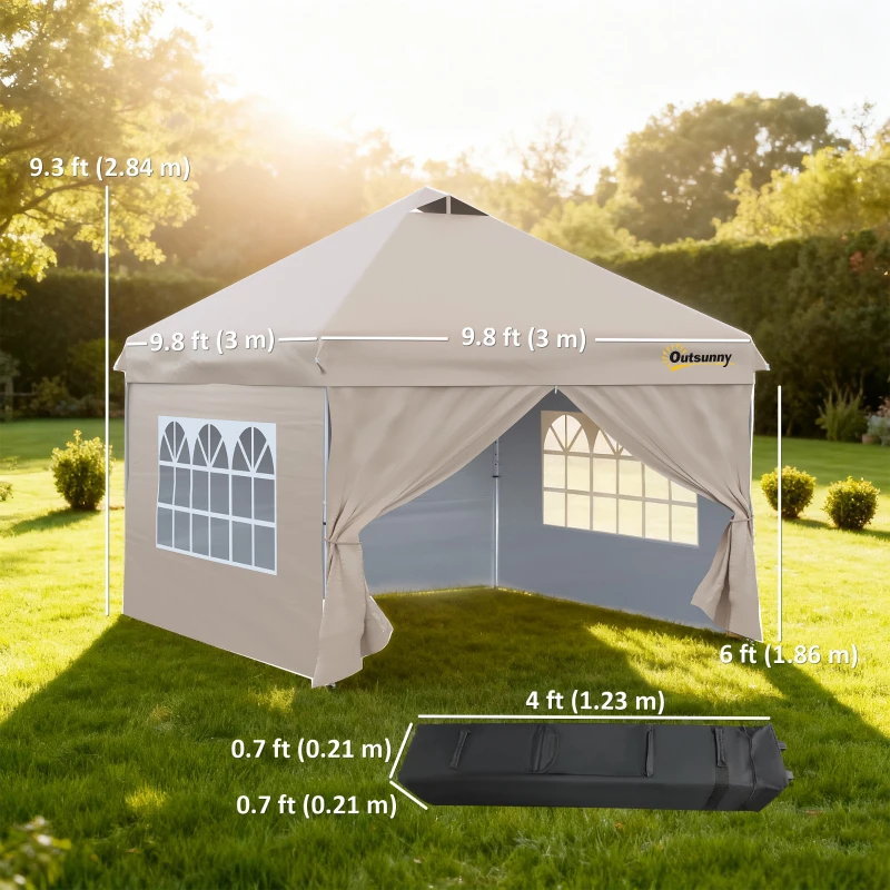 Outsunny 10' x 10' Pop Up Canopy Tent, Instant Sun Shelter, Tents for Parties, with Wheeled Carry Bag, for Outdoor, Garden, Patio, Beige