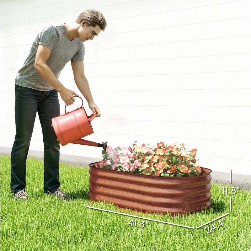 Outsunny 3.4' x 2' x 1' Galvanized Raised Garden Bed Kit, Metal Planter Box with Safety Edging, Brown