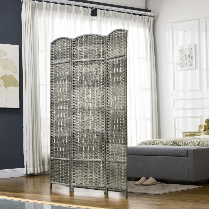 HOMCOM 6 Ft Tall Folding Room Divider, 3 Panel Portable Privacy Screen, Hand-Woven Partition Wall Divider, Mixed Grey
