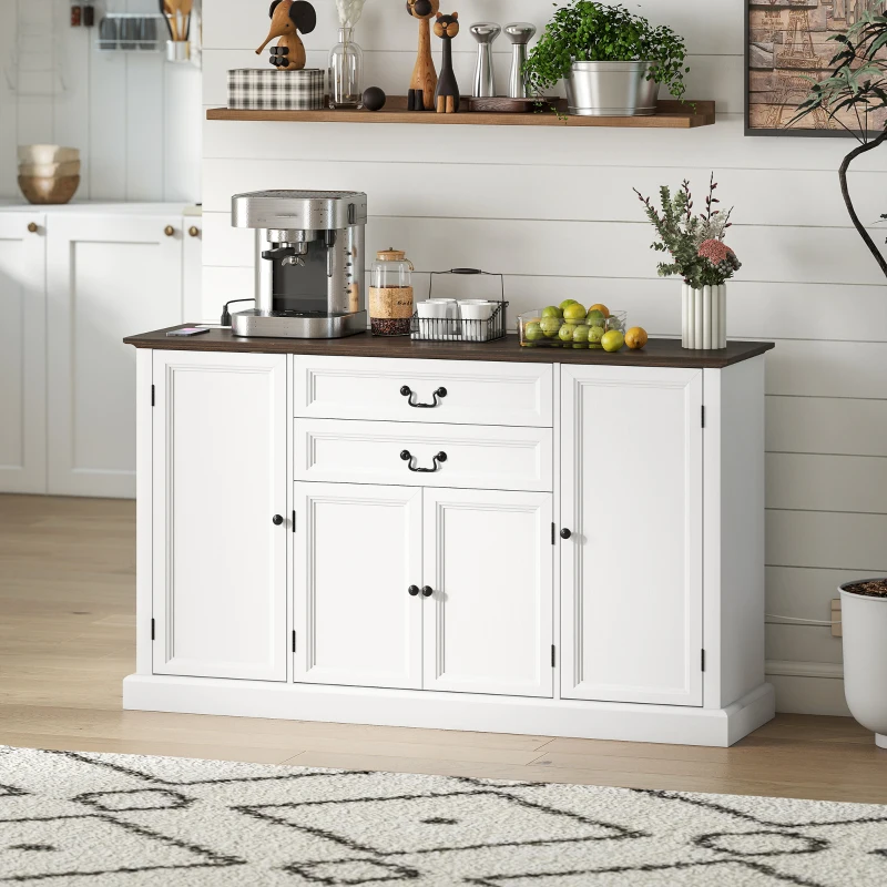 HOMCOM Farmhouse Sideboard with Charging Station and Thickened Top, 58" Buffet Cabinet with 2 Soft-Close Drawers, White