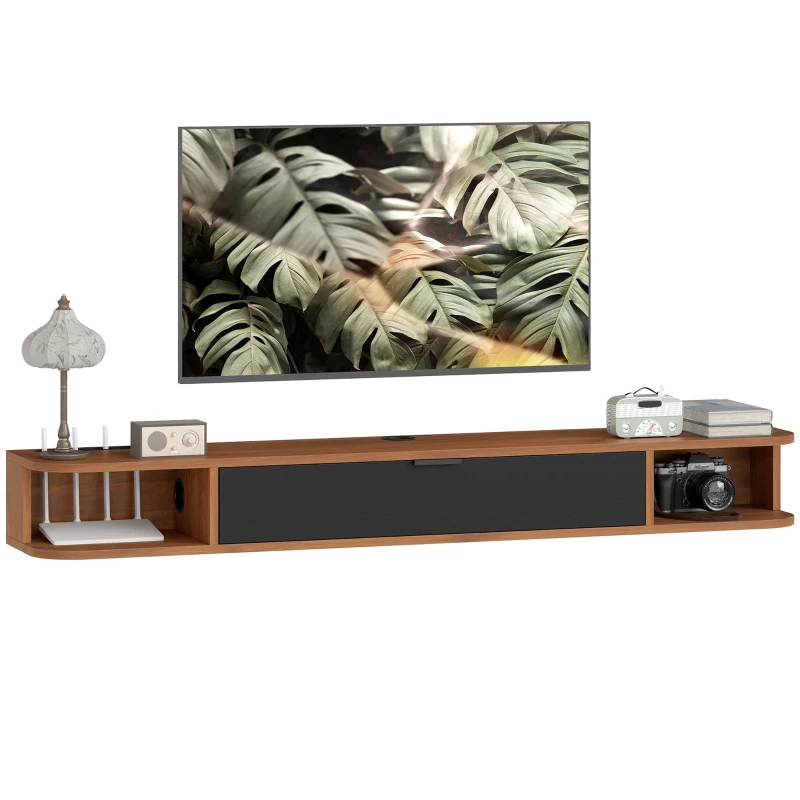 HOMCOM 55" Floating TV Stand for TVs up to 60 Inch, Wall Mounted Media Console with Flip Drawer and 2 Open Shelves, Walnut