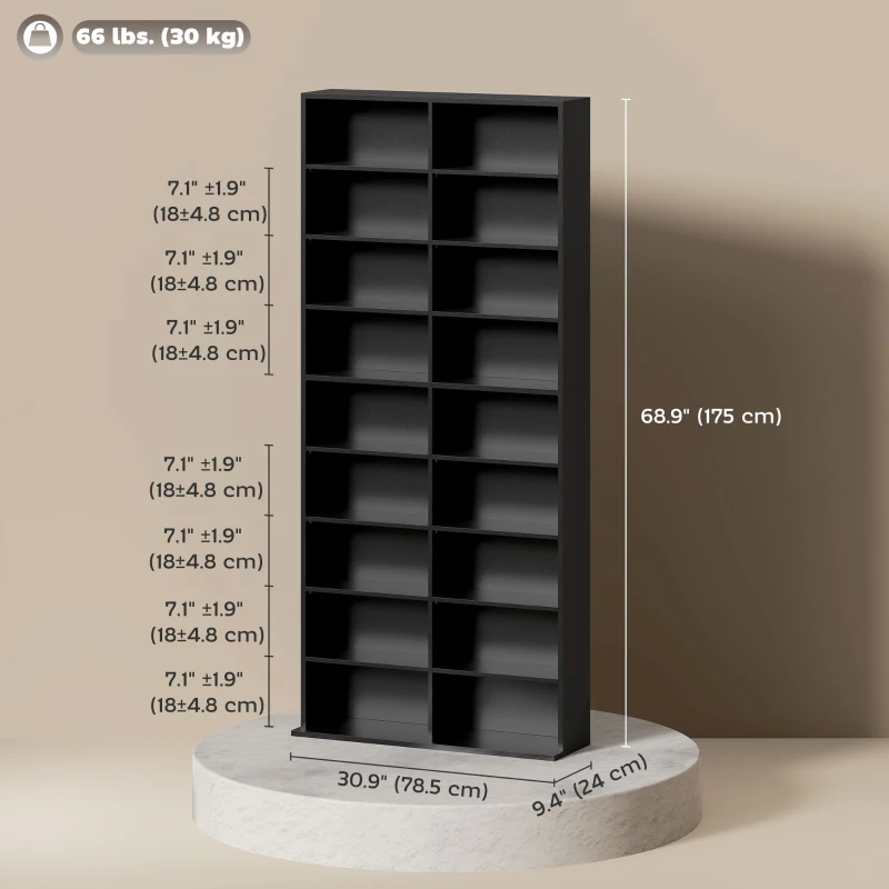 HOMCOM 9-Tier DVD Shelf with 18 Compartments and 14 Adjustable Shelves, Holds 640 CDs, 360 DVDs or 430 Blu-rays, Black