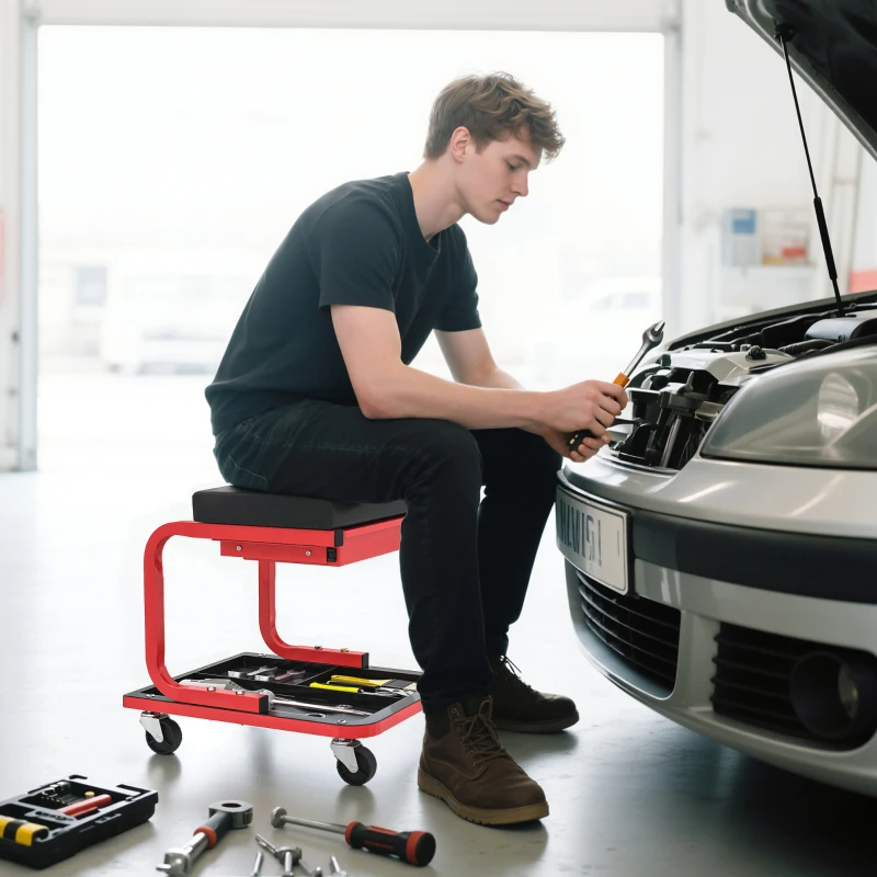 HOMCOM Rolling Garage Stool, 300 LBS Capacity Mechanic Stool with, Tool Trays Storage, Drawer, Black