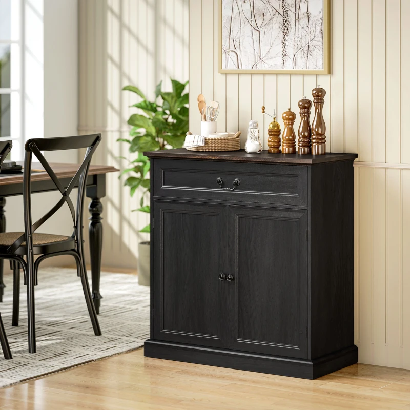 HOMCOM Buffet Cabinet, 32" Farmhouse Sideboard with Thick Top, Quiet Drawer and Adjustable Shelf, Black Wood Grain