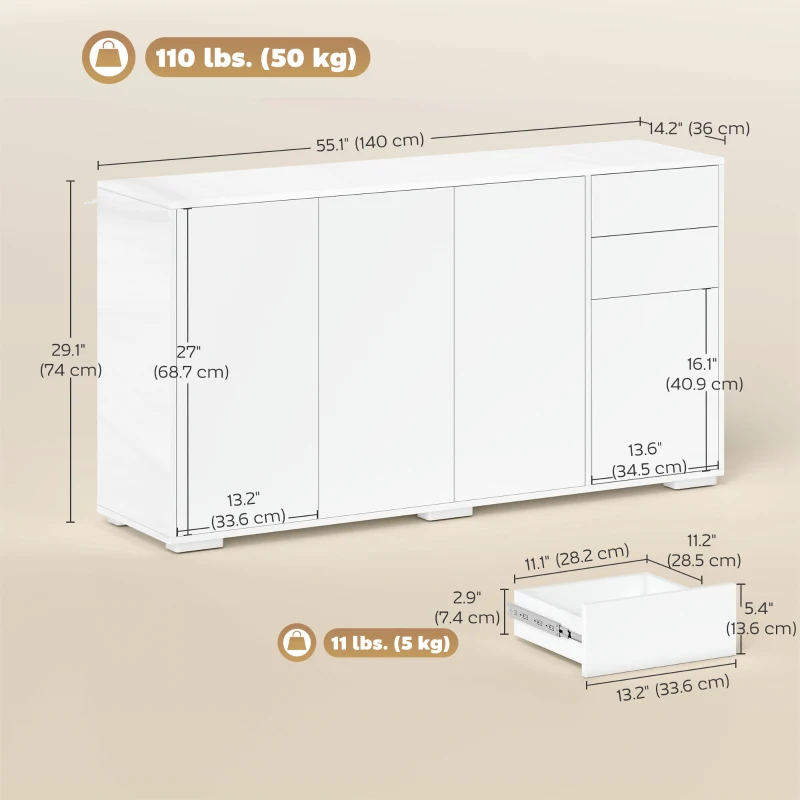 HOMCOM Kitchen Sideboard Storage Cabinet, Modern Coffee Bar Cabinet with Push-Open Design and 2 Drawers for Living Room, White