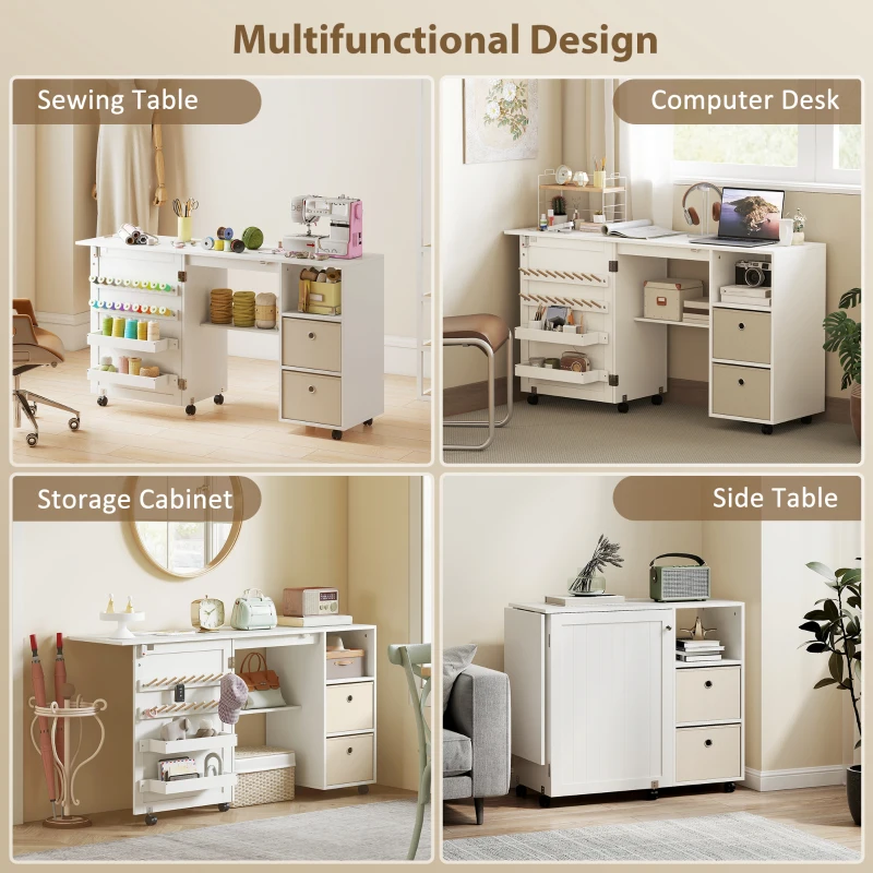 HOMCOM Rolling Sewing Machine Table with Power Outlet, Folding Craft Table with 2 Fabric Drawers, 2 Bins and 18 Pegs, White
