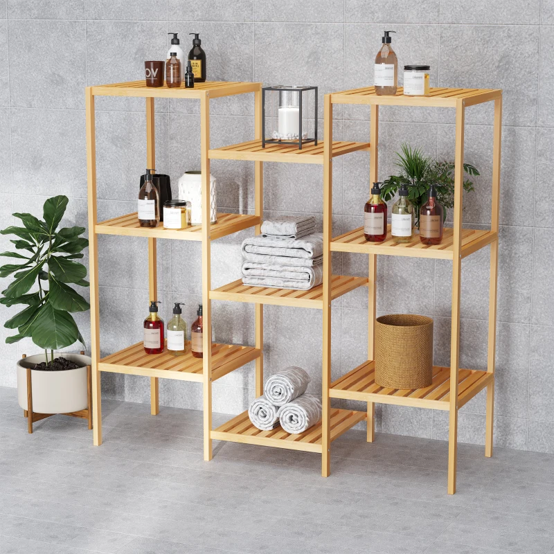 HOMCOM 9-Tier Bamboo Storage Shelf, Plant Stand, Utility Slatted Shelving Unit for Living Room, Balcony, Hallway, Bathroom, Natural
