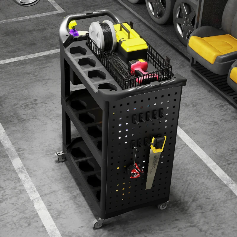 HOMCOM 3-Tier Rolling Tool Cart, 200 LBS Capacity Plastic Utility Cart with Side Shelf and Storage Bucket, Black