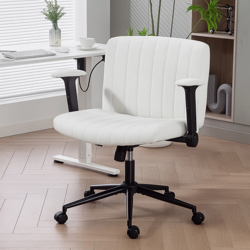 HOMCOM Criss Cross Chair with Flip-up Armrests, Wheels, Wide Office Chair with Adjustable Height, Tilting, Cream White
