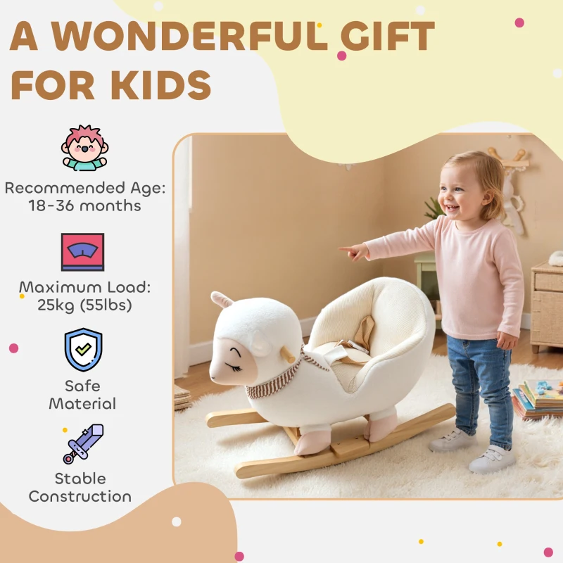 Qaba Baby Rocking Horse, Sheep Rocking Horse with Lullaby Song for Toddlers 18–36 Months, White