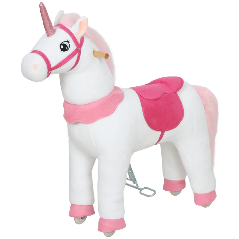 Qaba Ride on Unicorn Toy for Kids 4-7 Years, 37.8 Inch Plush Baby Rocking Horse with Wheels, No Battery Required, White