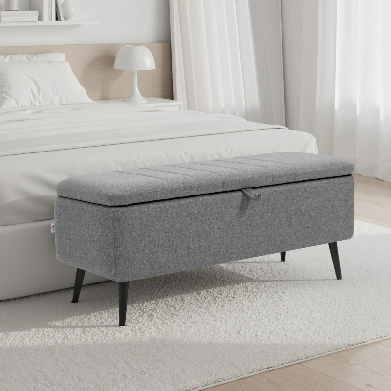 HOMCOM 40" Ottoman with Storage, Linen Upholstered Storage Ottoman Bench with Steel Legs for Living Room, Bedroom Grey