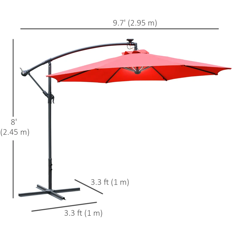 Outsunny 10ft Cantilever Solar Hanging Offset Umbrella Outdoor LED Lights Aluminum Market Banana Parasol Crank w/ Cross Base Garden Sun Shelter Red