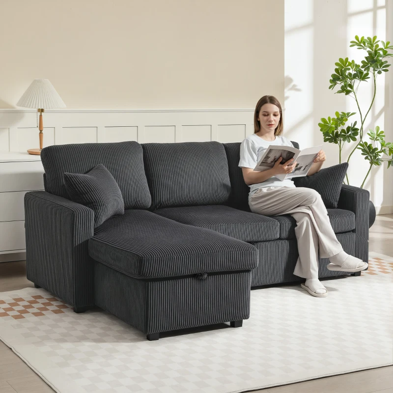 HOMCOM 81" Sofa Bed, 2 In 1 Pull Out Sleeper Sofa Bed with Storage, Corduroy Convertible Couch for Living Room, Dark Grey