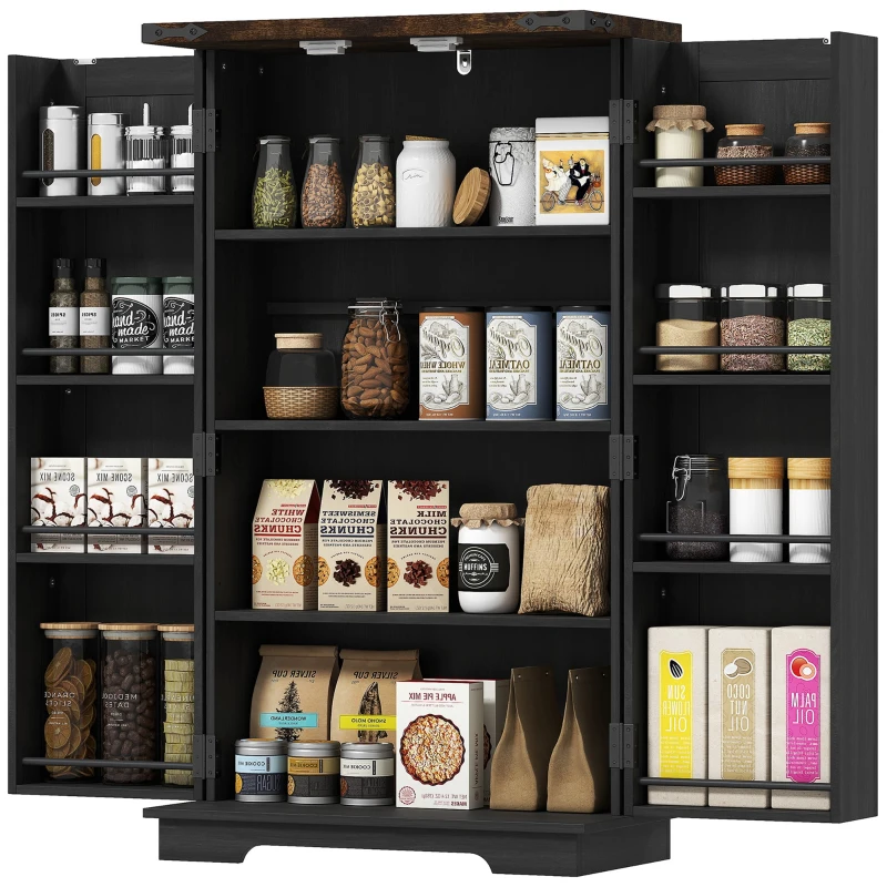 HOMCOM Farmhouse Kitchen Pantry Storage Cabinet, Kitchen Pantry Cabinet with Doors and Adjustable Shelves, Black
