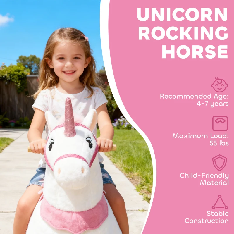 Qaba Ride on Unicorn Toy for Kids 4-7 Years, 37.8 Inch Plush Baby Rocking Horse with Wheels, No Battery Required, White