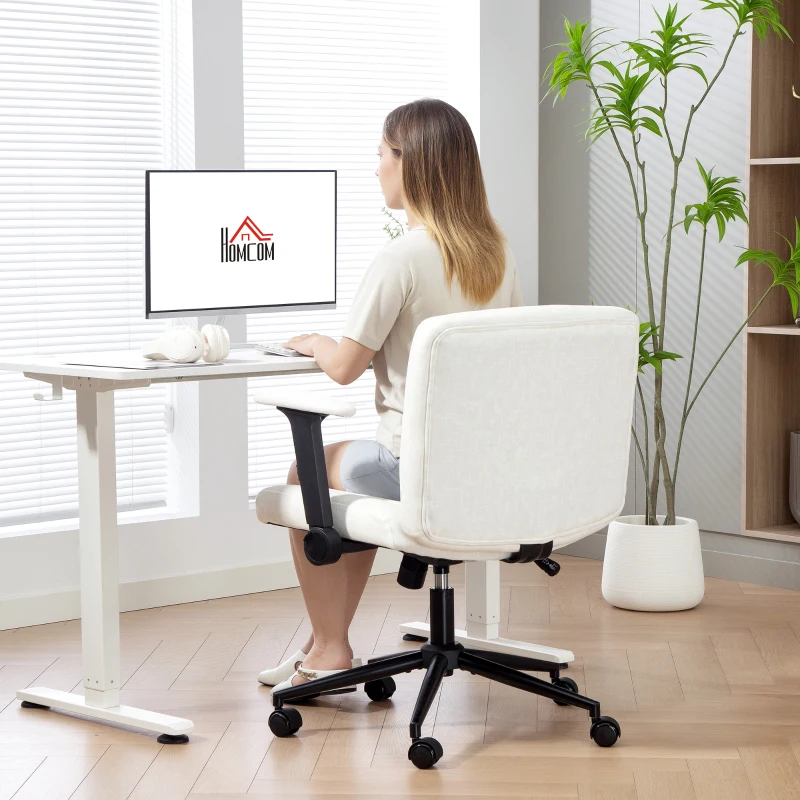 HOMCOM Criss Cross Chair with Flip-up Armrests, Wheels, Wide Office Chair with Adjustable Height, Tilting, Cream White